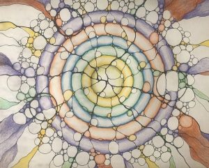 Hand-drawn Neuro Mandala Conscious artwork with colorful circular patterns and interconnected shapes. Neurographica homepage & workshops page