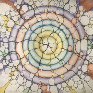 Hand-drawn Neuro Mandala Conscious NMC artwork with colorful circular patterns and interconnected shapes. Neurographica Workshop. homepage & workshops, products and Shop pages