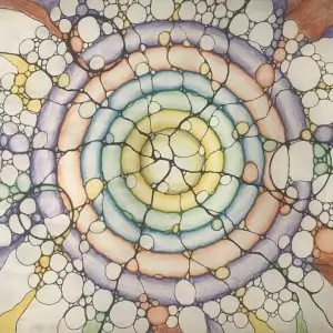 Hand-drawn Conscious Mandala CM artwork with colorful circular patterns and interconnected shapes. Neurographicai Workshop. Used on workshop, product and shop pages