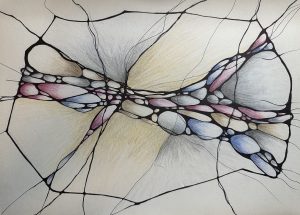 Anger in Grief — NeurographicAI™ Grief Support Drawing Anger in Grief. Hand-drawn NeurographicAI™ drawing expressing anger in grief, featuring strong black lines, contained organic shapes, and muted blues, pinks, and earth tones symbolising emotional intensity and release.