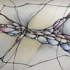 Anger in Grief. Hand-drawn NeurographicAI™ drawing expressing anger in grief, featuring strong black lines, contained organic shapes, and muted blues, pinks, and earth tones symbolising emotional intensity and release.