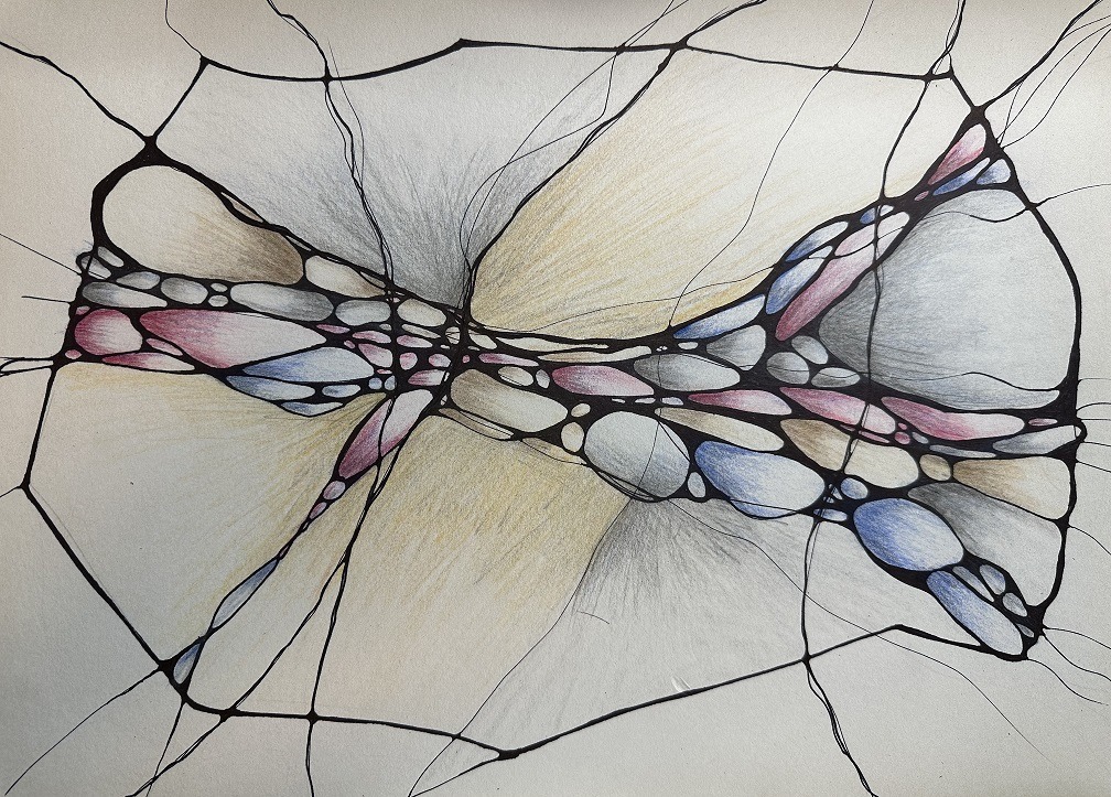 Anger in Grief. Hand-drawn NeurographicAI™ drawing expressing anger in grief, featuring strong black lines, contained organic shapes, and muted blues, pinks, and earth tones symbolising emotional intensity and release.