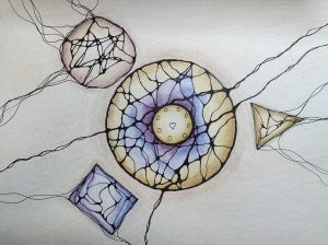 NeurographicAI Setting boundaries drawing with a central heart, layered inner and outer circles, flowing energy lines, and external shapes held at a distance, symbolising emotional boundaries, self-protection, and calm self-centredness.