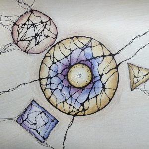 NeurographicAI Setting boundaries drawing with a central heart, layered inner and outer circles, flowing energy lines, and external shapes held at a distance, symbolising emotional boundaries, self-protection, and calm self-centredness.