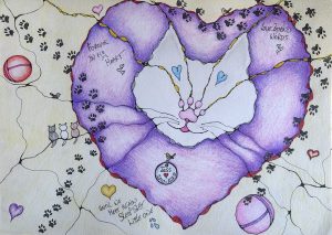 NeurographicAI Purr Babies memorial drawing featuring a peaceful cat, heart-shaped design, paw prints and loving messages created in memory of Jess to support healing after the loss of a beloved cat.