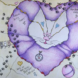 NeurographicAI Purr Babies memorial drawing featuring a peaceful cat, heart-shaped design, paw prints and loving messages created in memory of Jess to support healing after the loss of a beloved cat.