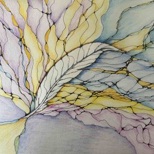 NeurographicAI Grief Support Saying Goodbye drawing has a white feather that resembles a dove in flight, surrounded by flowing neurographic lines in gold, blue, purple, pink and mauve tones.