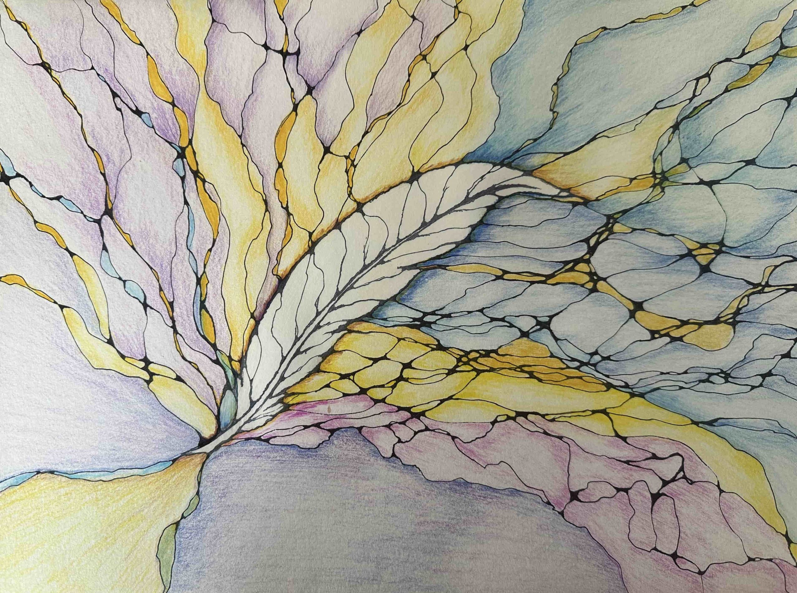 NeurographicAI Grief Support Saying Goodbye drawing has a white feather that resembles a dove in flight, surrounded by flowing neurographic lines in gold, blue, purple, pink and mauve tones.
